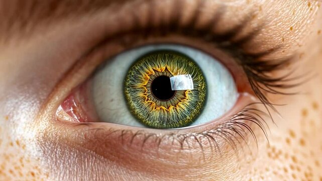 Macro photography capturing intricate details of a human eye, featuring the unique iris pattern, pupil, and eyelashes against freckled skin, perfect for vision and beauty themes