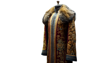 Silk royal robe with golden embroidery and fur trim, ancient king attire