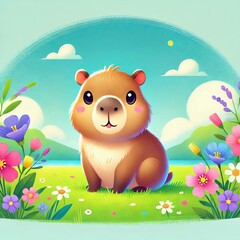 "Cheerful Cartoon Capybara in Flower Meadow"
