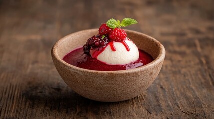 Rote , a delicious red berry pudding topped with smooth vanilla sauce, ready to be enjoyed in a rustic bowl.