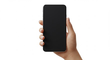 A realistic human hand holding a modern smartphone vertically, isolated on white background, screen turned off, perfect for mockups, high detail, clean lighting