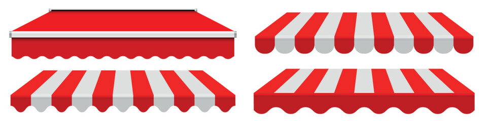 Striped store sunshade awning, shop canopy collection. 3D realistic vector illustration
