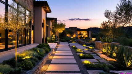 Fototapeta premium Sophisticated garden lighting at twilight, showcasing pathways, plants, and peaceful architecture.