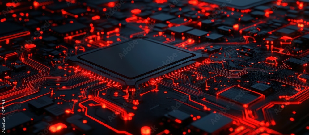 Poster intricate network of glowing red pathways illuminating a central processor on a dark circuit board s