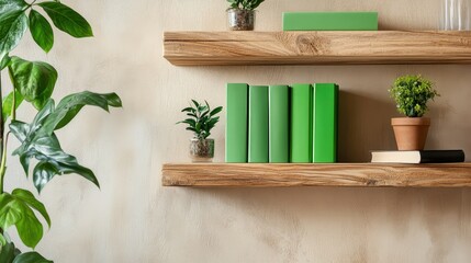 Wooden bookshelf displaying green binders and indoor plant, modern aesthetic with eco touch
