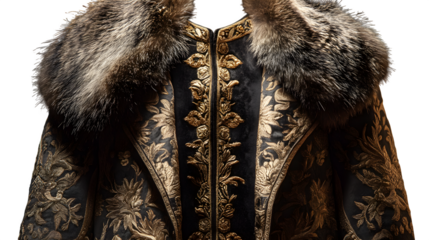 Silk royal robe with golden embroidery and fur trim, ancient king attire