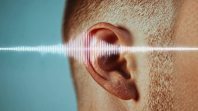 Sound waves are entering a man's ear, visualizing increasing sound levels and representing the concepts of hearing, audiology, and noise perception