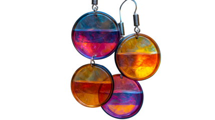 Statement earrings with layered discs and colorful acrylic, transparent background