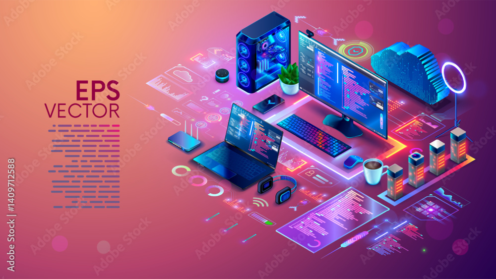 Fototapete Computer technology isometric concept. Software development, programming, coding. PC, laptop, phone on desk. Environment of programming software. Computer network technology. Network communications.