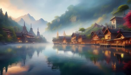 Fototapeta premium Wooden houses reflecting on serene lake at sunrise in the mountains