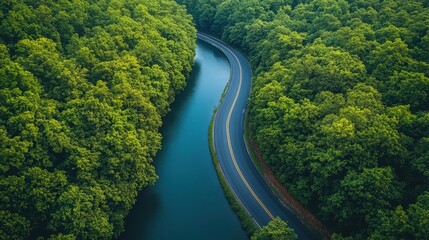 Lush forest canopy with winding road alongside a serene waterway vista