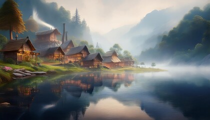Obraz premium Idyllic lakeside village reflecting in tranquil misty waters at dawn