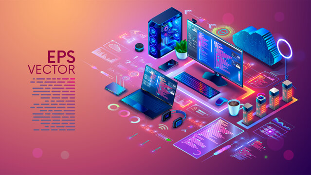 Computer technology isometric concept. Software development, programming, coding. PC, laptop, phone on desk. Environment of programming software. Computer network technology. Network communications.