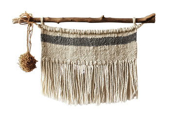 Handwoven wall hanging beige gray natural wood boho chic decor minimalist on transparent background