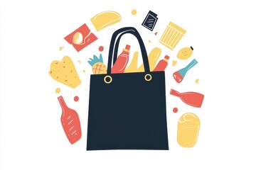 Colorful Shopping Bag Surrounded by Various Food Items and Drinks