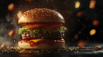 Delicious Cheeseburger With Fresh Ingredients And Sesame Bun On A Dark Background For Food And Restaurant Promotions