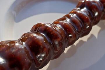 Georgian sweetness churchkhela close-up. Nuts in grape juice. Churchkhela - traditional Georgian candy