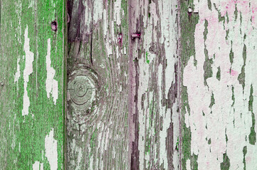 Texture wooden background of old wooden painted textured surface, green peeling paint texture