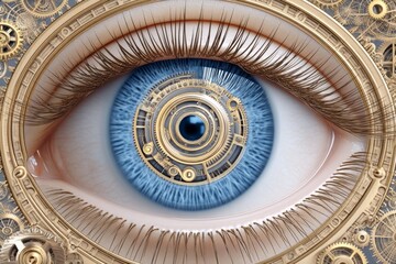 Fototapeta premium Hyper realistic close-up of a human eye reflecting gears and cogs