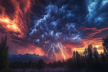 Epic storm clouds over mountains. Dramatic lightning strikes against a fiery sunset sky