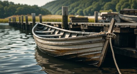 Fototapeta premium old rowboat tied to wooden pier cinematic view background 