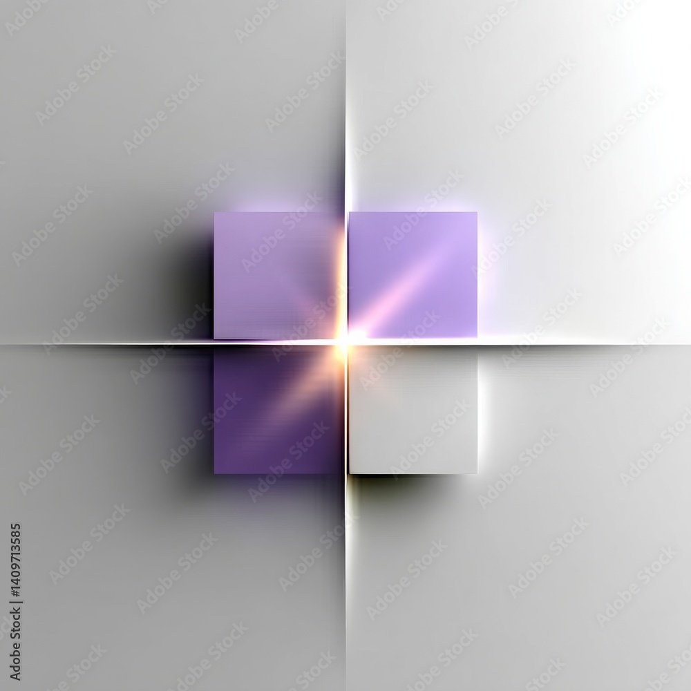 Poster abstract composition with light and shadows: a geometric arrangement of purple and white squares