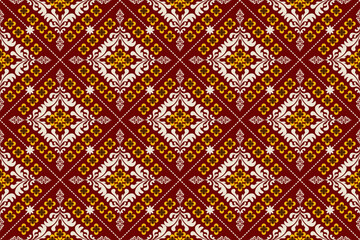 Damask seamless pattern. Ikat ornament. Ethnic South Western decor style. Ikat Boho geometric ornament. Vector seamless pattern. Mexican blanket, rug. Woven carpet