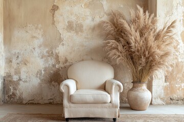 Beige armchair with pampas grass in rustic boho living room setting © Elvira