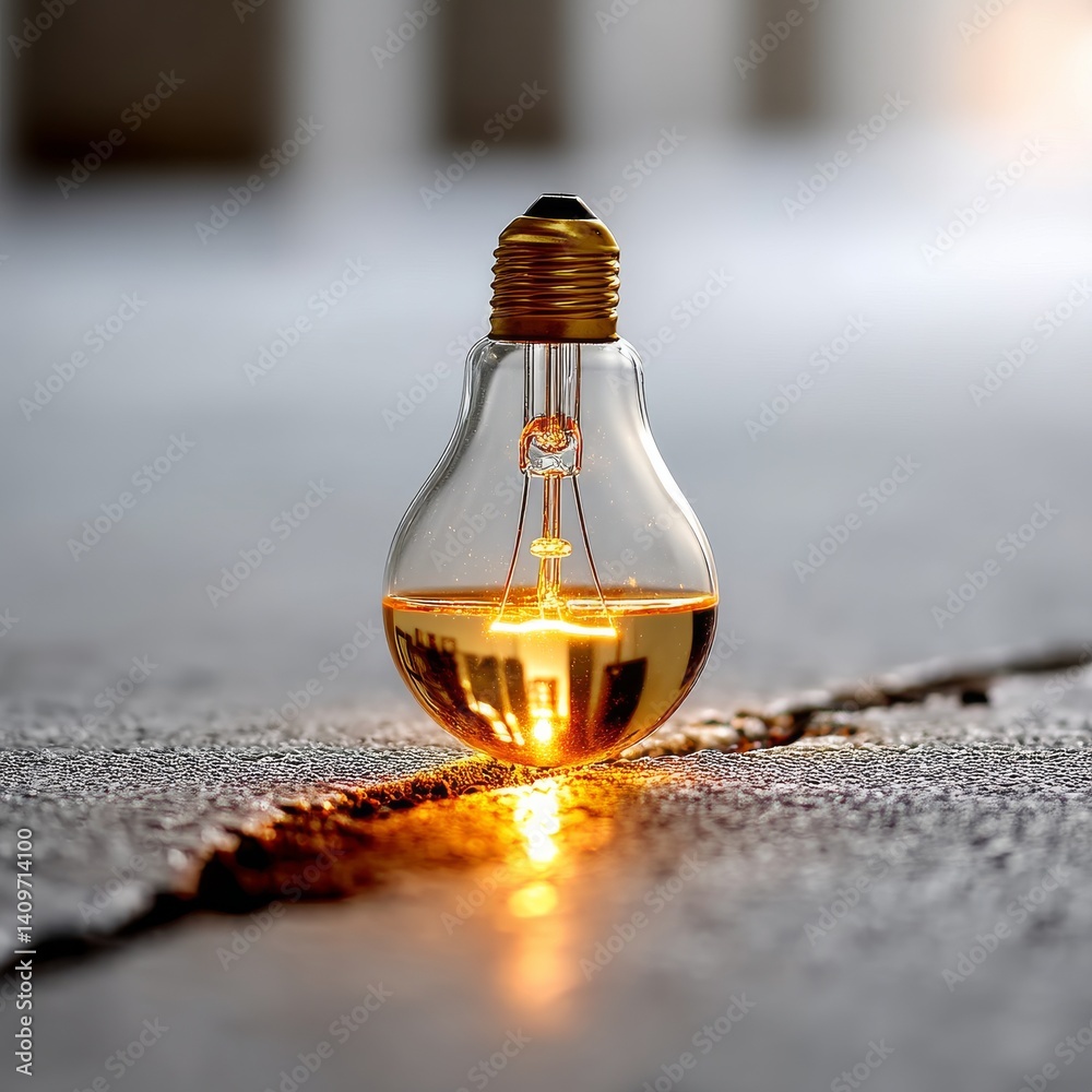 Poster a lightbulb filled with golden liquid resting on a textured surface, radiating warm light and illumi