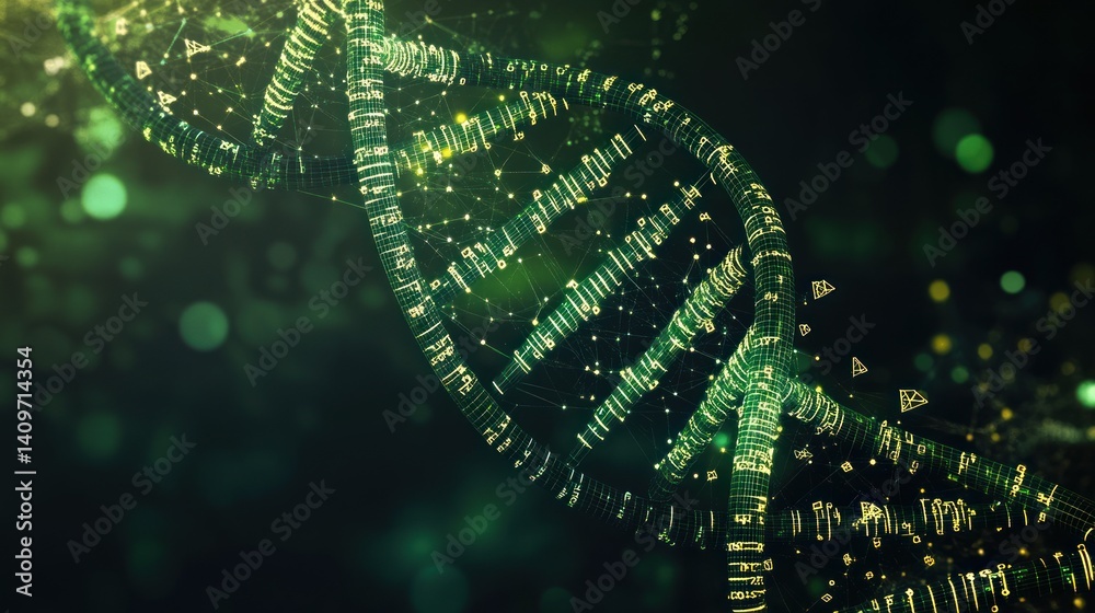Poster conceptual visualization of digital dna strand with glowing nodes and connecting lines creating an a