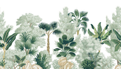 Park trees, tropical palms, plants, stone seamless border. Botanical landscape mural.