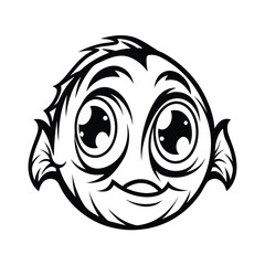 Cartoon Fish Black and White Outlines with Big Eyes, Smiling Face