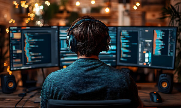 Programmer Focused on Triple Monitor Coding Session
