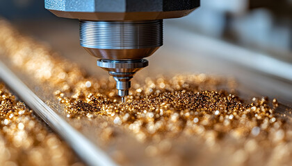 CNC milling machine cuts gold metal