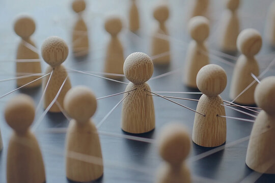 Wooden figures interconnected a strong network powerful teamwork