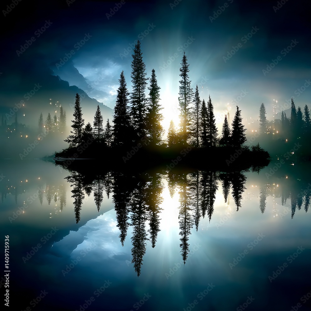 Poster Silhouette of a Pine Tree Island Reflecting in a Calm Lake at Twilight with Sunlight Shining Through