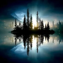 Wandcirkels Mistig bos Silhouette of a Pine Tree Island Reflecting in a Calm Lake at Twilight with Sunlight Shining Through  © Murad