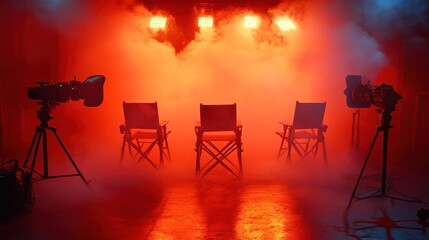 Empty film set with chairs and lighting equipment in smoky, dramatic studio.