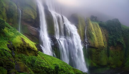 Misty waterfall cascading down lush green mossy cliff in tropical rainforest