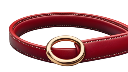 Women's thin waist belt in red leather with round gold buckle, photorealistic PNG