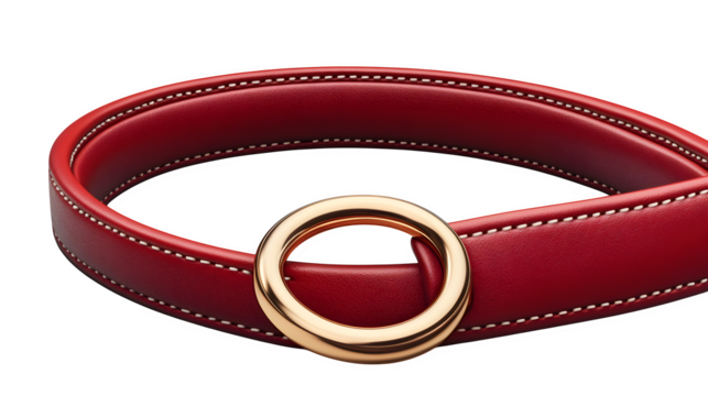 Women's thin waist belt in red leather with round gold buckle, photorealistic PNG