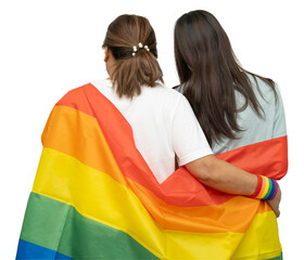 Asian couple woman with LGBT rainbow flag.