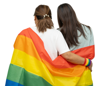 Asian couple woman with LGBT rainbow flag.