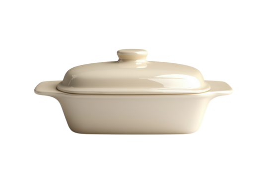 Elegant Cream Ceramic Baking Dish with Lid perfect for serving casseroles on transparent background