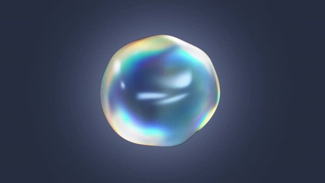 Transparent multicolored water bubble with iridescent effect. Abstract liquid distorted sphere on the blue background. 3d render 4K loop animation.