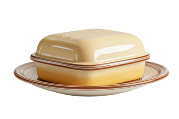 Elegant ceramic butter dish with lid warm yellow tones on a decorative on transparent background