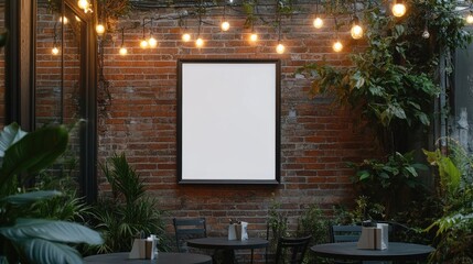 Blank Sign Mockup: Cozy Outdoor Patio Restaurant with Brick Wall, String Lights, and Lush Greenery