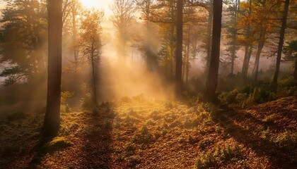 Obraz premium Golden sunlight shining through fog and trees in autumn forest