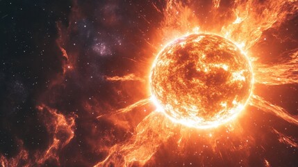 Obraz premium Sun radiating intense energy surrounded by cosmic clouds and stars in deep space