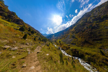 View Down Steep Mountain Gorge with Rushing River